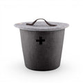 Baabuk small dark grey felted wool basket with a light grey lid, leather handle, and Swiss cross cutout detail.