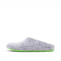 Baabuk Pomobuk slippers in grey wool with a vibrant green upcycled ski-skin sole, side view.