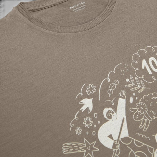Baabuk 10 year anniversary khaki merino wool t-shirt with white graphic illustration by Ana Seixas Santos.