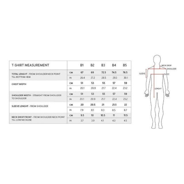 Baabuk 10 Year Anniversary T-shirt sizing chart showing measurements for B1 to B5 sizes in centimeters and inches.