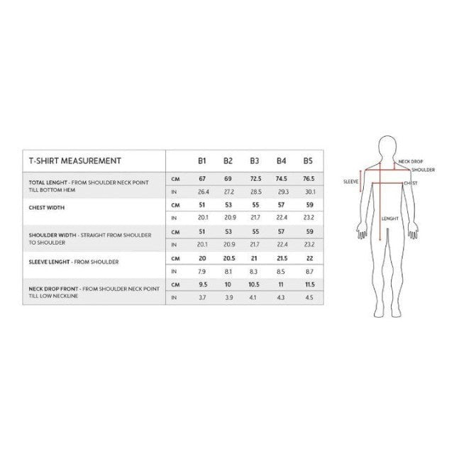 Baabuk 10 Year Anniversary T-shirt sizing chart showing measurements for B1 to B5 sizes in centimeters and inches.