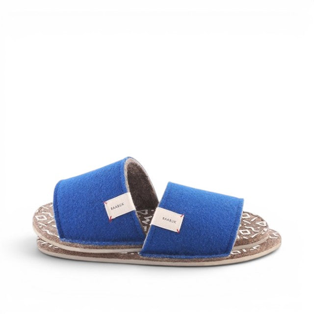 Baabuk Baabulette wool slide sandals in ultra marine blue with natural crepe rubber soles and patterned footbed