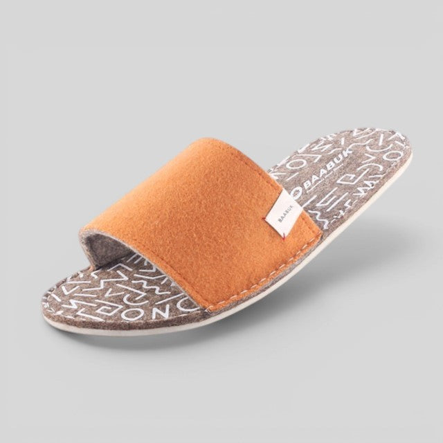Baabuk Baabulette terracotta wool slide sandals with a patterned footbed and natural crepe rubber sole.