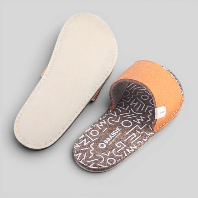 Baabuk Baabulette terracotta wool slide sandals with patterned footbed and natural crepe rubber soles.