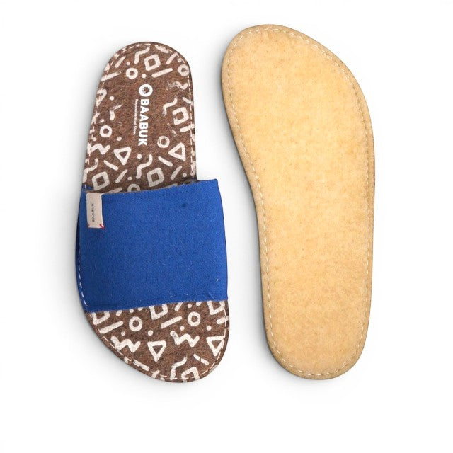 Baabuk Baabulette wool slide sandals in ultra marine blue with a patterned footbed and natural crepe rubber sole.
