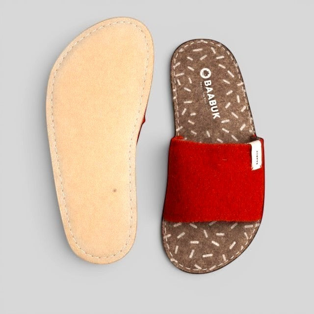 Baabuk Baabulette wool slide sandals in Swiss Red with natural crepe rubber soles and patterned footbed