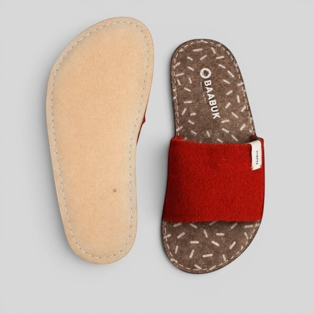 Baabuk Baabulette wool slide sandals in Swiss Red with natural crepe rubber soles and patterned footbed