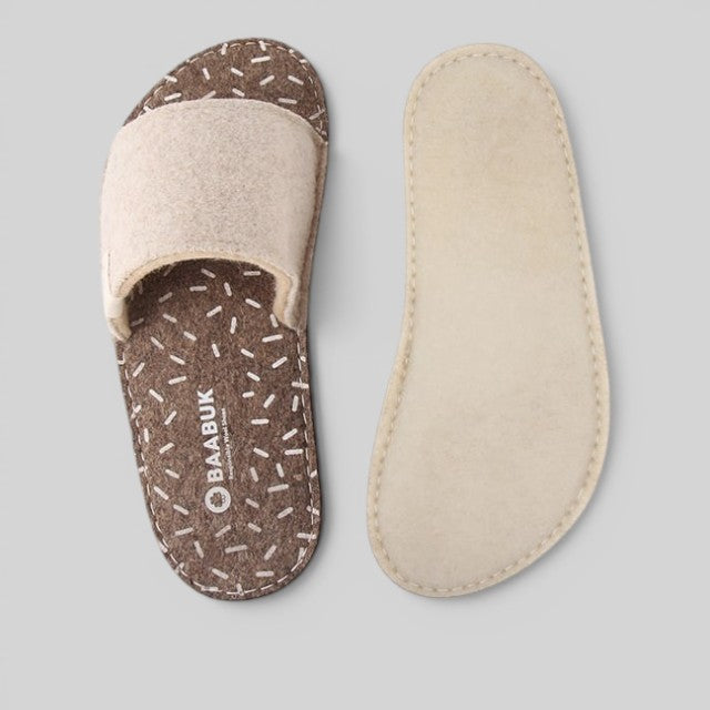 Baabuk Baabulette wool slide sandals in middle grey with a patterned footbed and natural crepe rubber sole