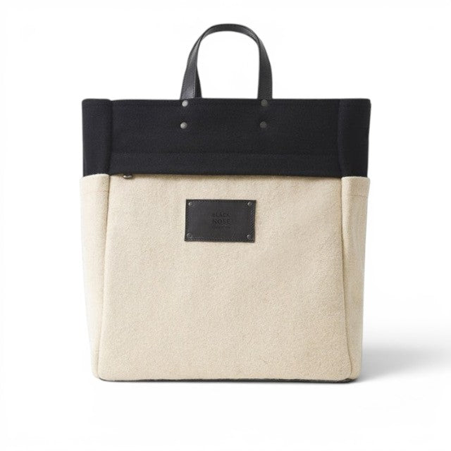 Baabuk BBB Bag Blacknose tote in cream and black wool with natural leather handles and Blacknose Collection patch.