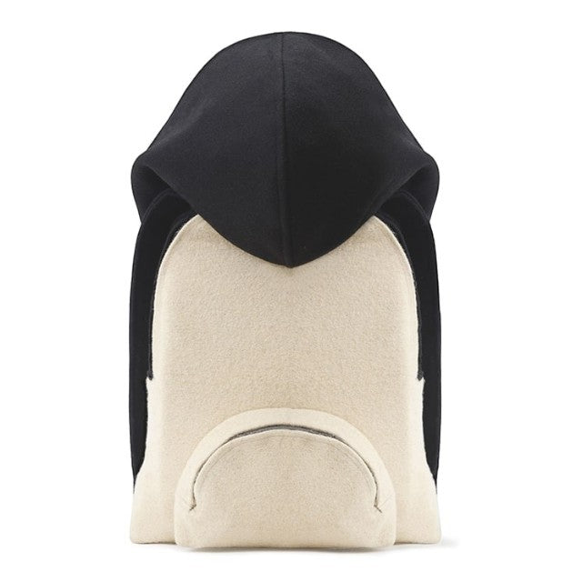 Baabuk Blacknose hooded backpack in cream wool with a black hood, featuring a front pocket and unique design.