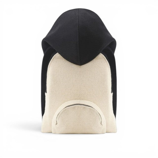 Baabuk Blacknose hooded backpack in cream and black wool with a front pocket, front view.