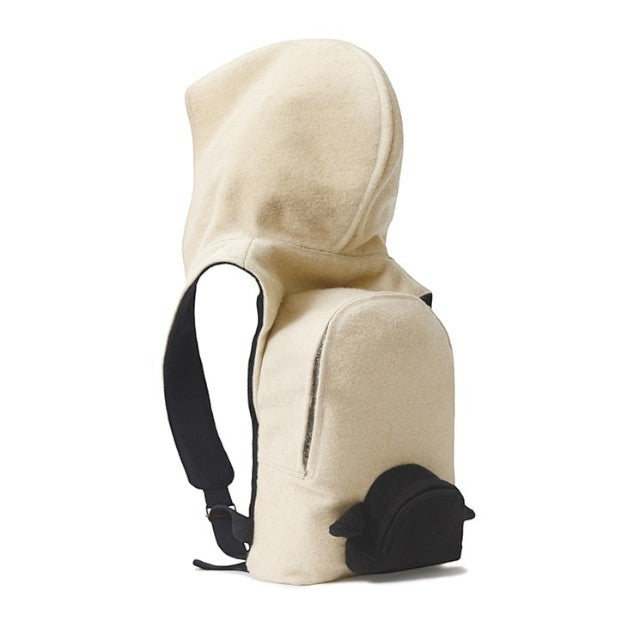 Baabuk Blacknose hooded backpack made from cream Swiss wool with a small black outer compartment and adjustable straps.