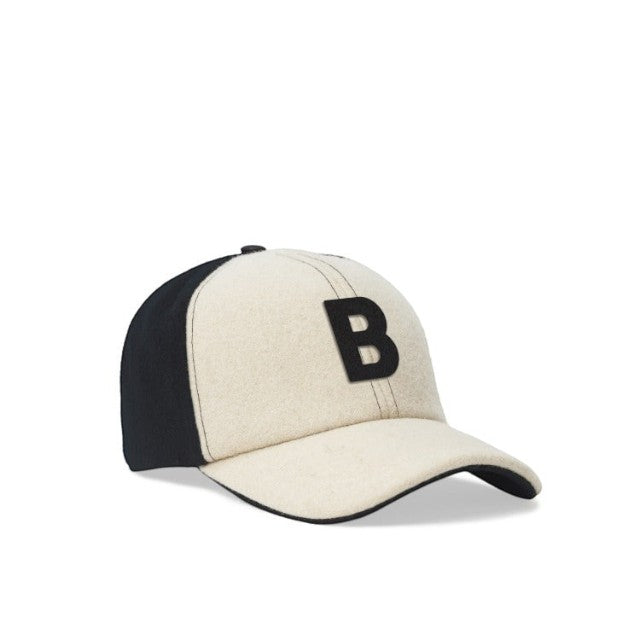 Baabuk Blacknose baseball cap in cream and black wool with an embroidered letter B and adjustable leather strap.