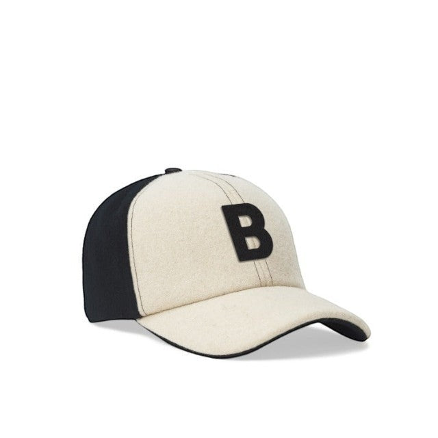 Baabuk Blacknose baseball cap in cream and black wool with an embroidered letter B and adjustable leather strap.