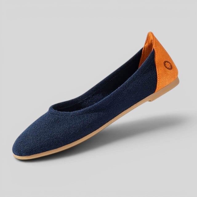 Baabuk blue wool ballerina flat with orange nubuck heel detail and durable rubber sole.