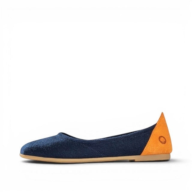 Baabuk blue wool ballerina flats with a contrasting orange nubuck heel detail and a slim rubber sole.