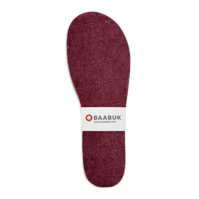 Baabuk bordeaux felt slipper insoles, handcrafted in Nepal for extra comfort and adjustable fit.