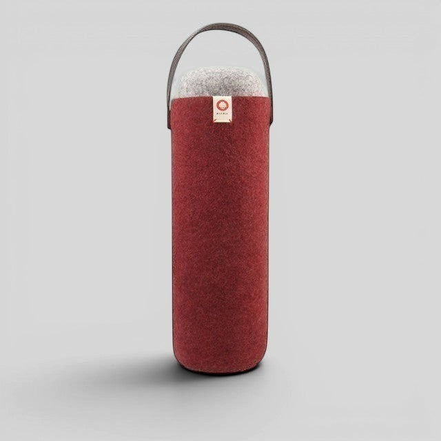 Baabuk Bordeaux wool wine cooler with a leather strap, designed to keep wine chilled without ice.
