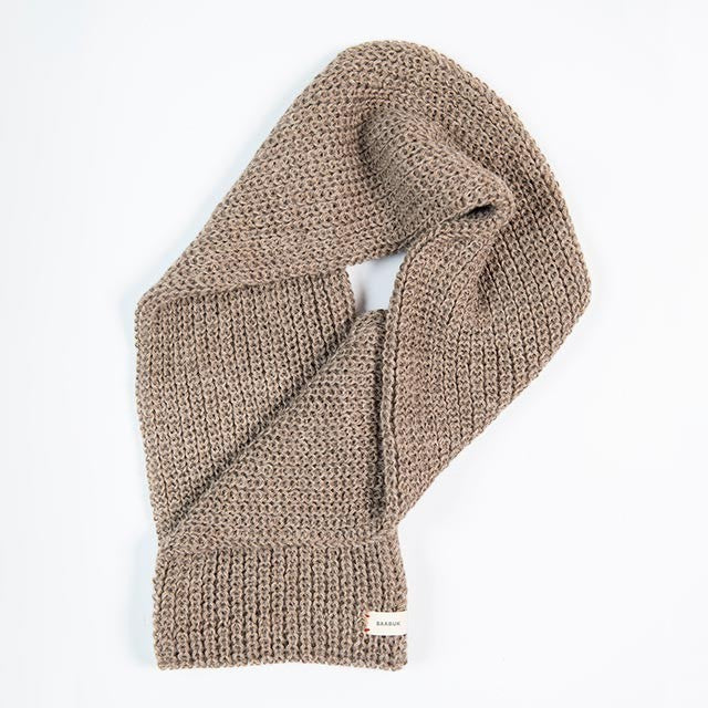 Baabuk brown infinity scarf made from soft, sustainable baby alpaca wool with a textured knit design.