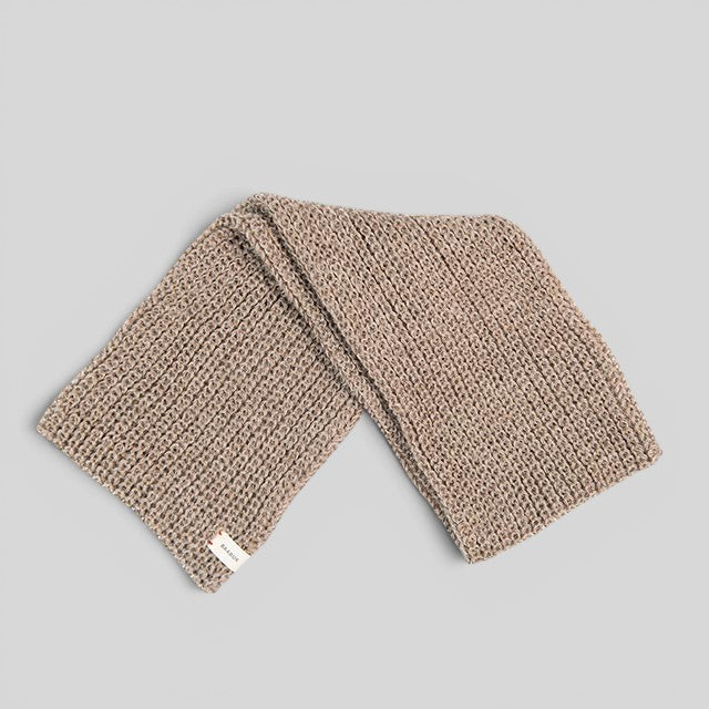 Baabuk brown infinity scarf made from soft, sustainable baby alpaca wool with a textured knit design.