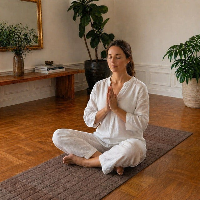 Woman in white linen clothing meditating on a brown Baabuk felted wool yoga mat in a minimalist living room