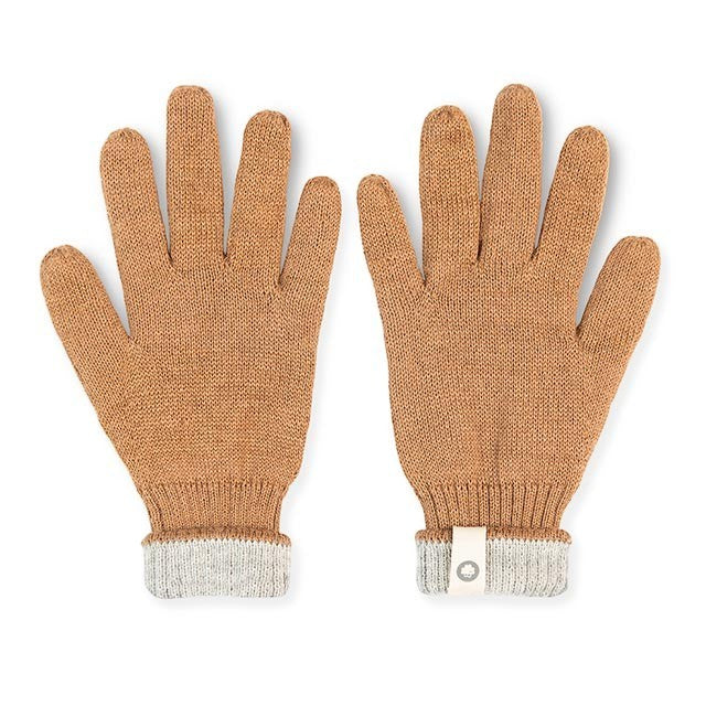 Baabuk camel-colored reversible baby alpaca wool gloves with ribbed cuffs on a white background.