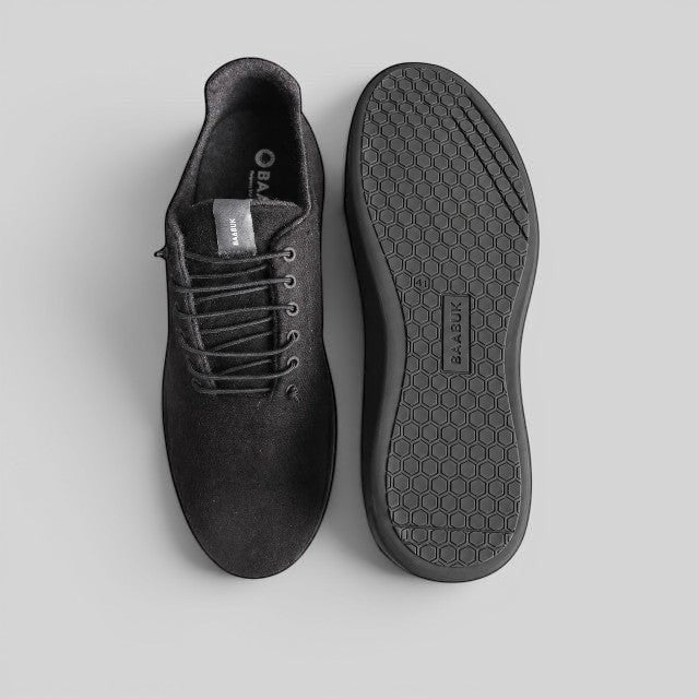 Baabuk Classic Wooler black sneakers featuring a natural wool upper and durable TPU sole in a top-down view.
