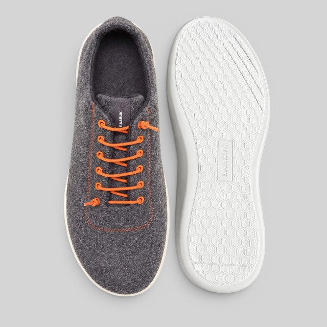 Baabuk Classic Wooler sneakers in grey wool with bright orange elastic laces and a white honeycomb TPU sole