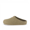 Baabuk Corkybuk khaki green handfelted wool slipper with a supportive cork sole in a side profile view.