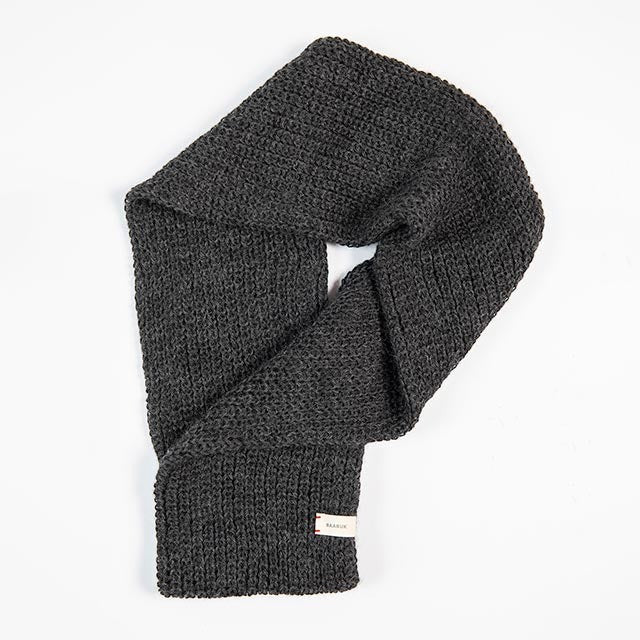 Baabuk dark grey infinity scarf made from soft, sustainable baby alpaca wool with a textured knit design.