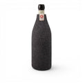 Baabuk dark grey wool bottle cover providing natural insulation for a wine bottle on a white background.