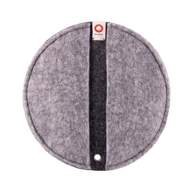 Baabuk round dark grey felted wool potholder with a central leather strap and hanging loop for kitchen use.