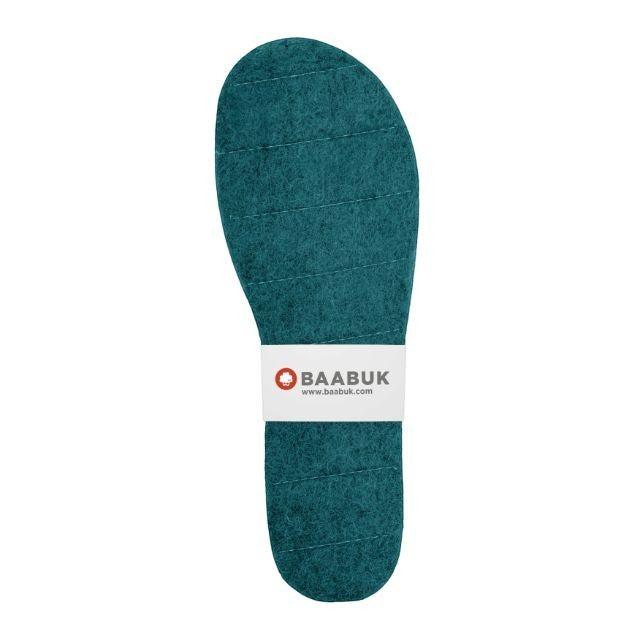 Baabuk emerald green handcrafted felt slipper insoles with horizontal stitching, sold as a pair.