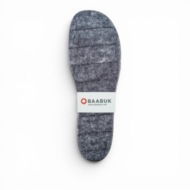 Baabuk grey felt slipper insoles with a branded paper band, handcrafted for extra comfort and adjustable fit.