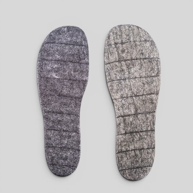 Baabuk handcrafted grey felt slipper insoles, sold as a pair, designed for comfort and trimmable for a custom fit.