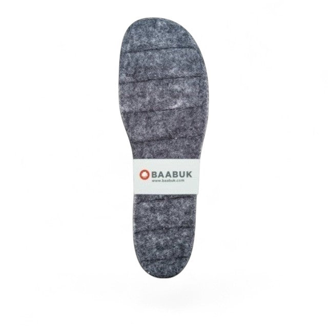 Baabuk grey felt slipper insoles with a branded paper band, handcrafted for extra comfort and adjustable fit.