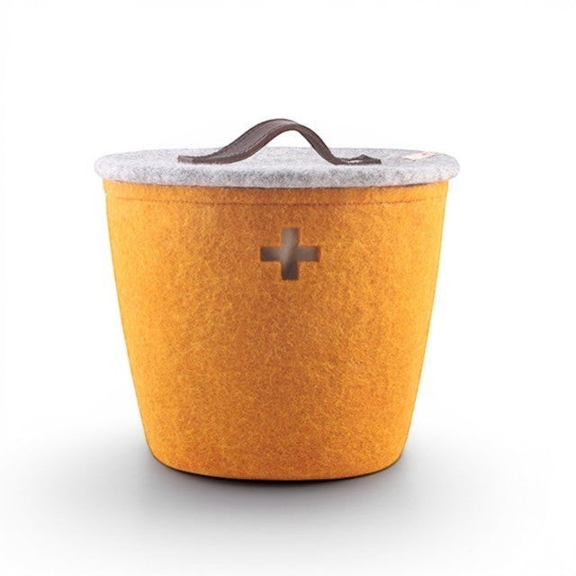 Baabuk small honey felted wool basket with a grey lid, leather handle, and Swiss cross cutout detail.