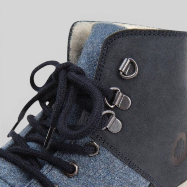 Baabuk Ice Wooler Blue Raisa high-top wool boot with nubuck leather trim, metal eyelets, and soft wool lining.