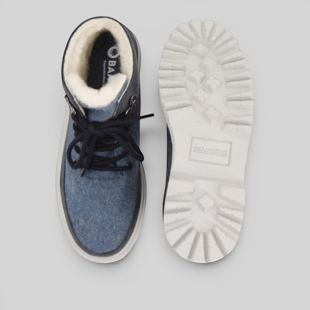 Baabuk Ice Wooler Blue Raisa wool boots with sheep wool lining and durable rubber lug soles, top view.