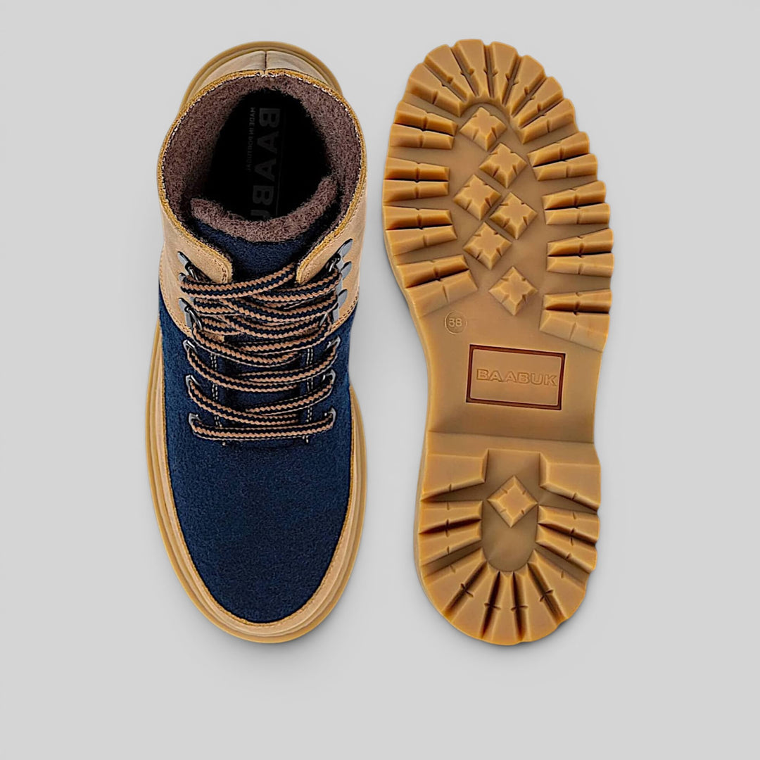 Baabuk Ice Wooler navy and brown wool boots with nubuck leather details and durable rubber lug soles