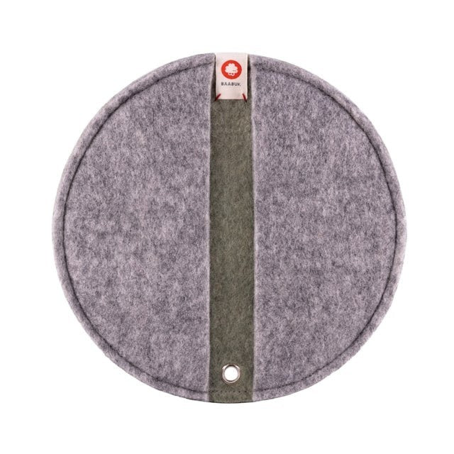 Baabuk round khaki felted wool potholder with a leather hanging strap and branded fabric tag.