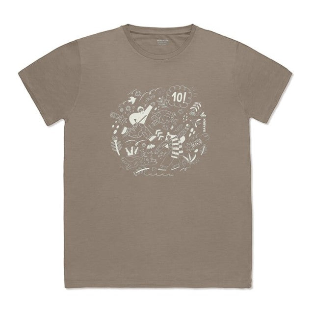 Baabuk limited edition khaki merino wool t-shirt with white 10th anniversary graphic illustration by Ana Seixas.