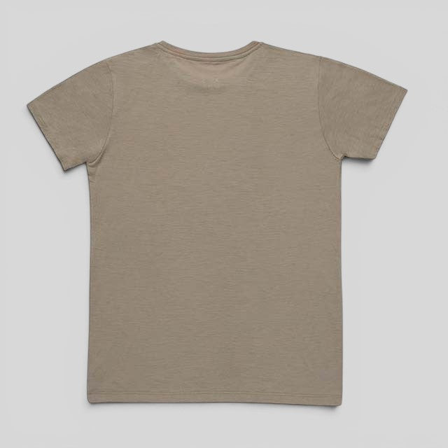 Back view of a khaki Baabuk 10 Year Anniversary T-shirt made from 100% merino wool.