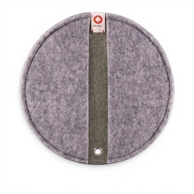Baabuk round khaki felted wool potholder with a leather hanging strap and branded fabric tag