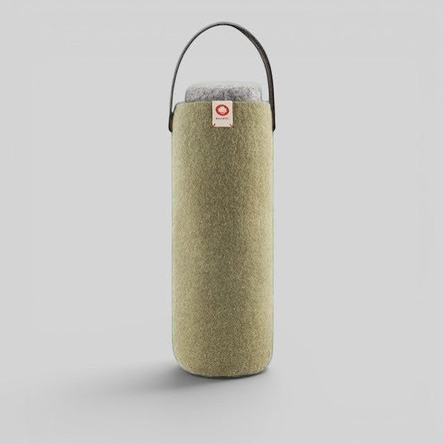 Baabuk khaki green wool wine cooler with a leather carrying strap for insulated bottle transport.