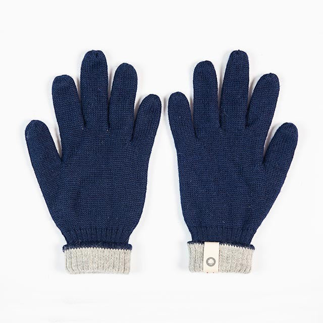Baabuk marine blue reversible gloves made from soft baby alpaca wool with a light grey ribbed cuff.