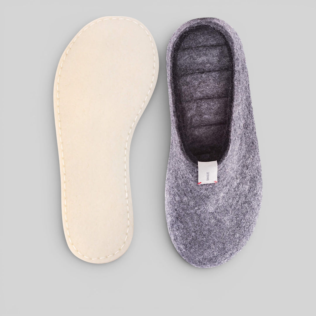 Baabuk Mel dark grey handmade wool slippers with natural crepe rubber soles, top view