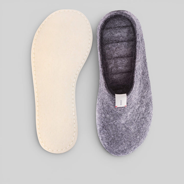 Baabuk Mel dark grey handmade wool slippers with natural crepe rubber soles, top view
