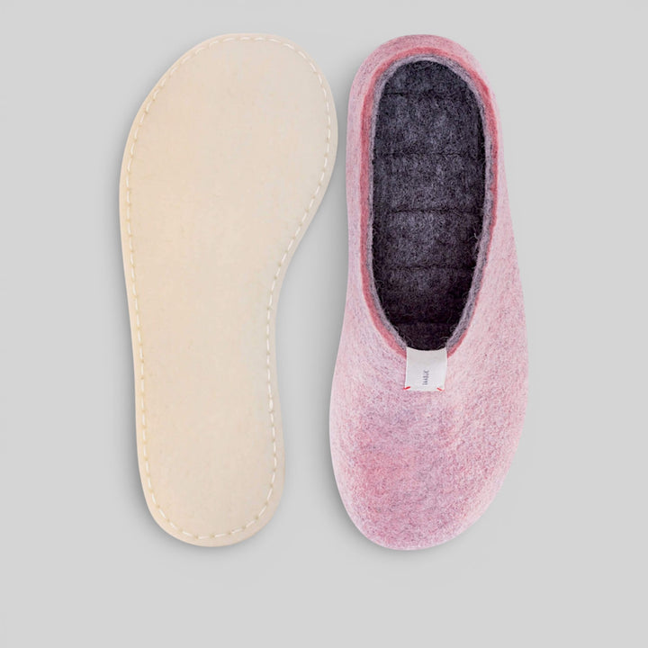 Baabuk Mel pink wool slippers with natural crepe rubber soles, handmade in Nepal from New Zealand wool.