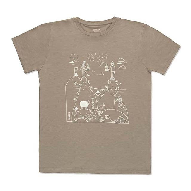 Baabuk khaki 100% merino wool t-shirt with a white Swiss-themed anniversary illustration by Jamie Aspinal.